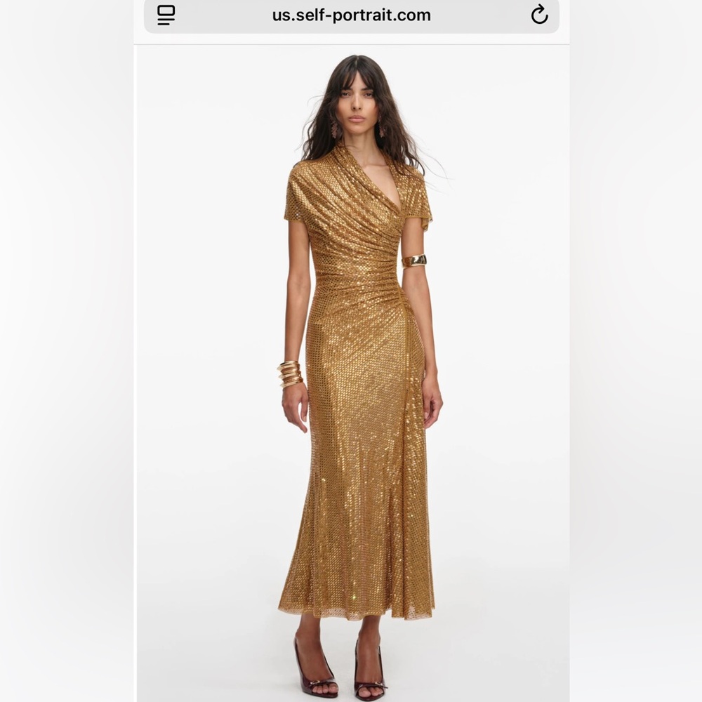 Self Portrait GOLD RHINESTONE DRAPE MIDI DRESS $895 NEW with tag.